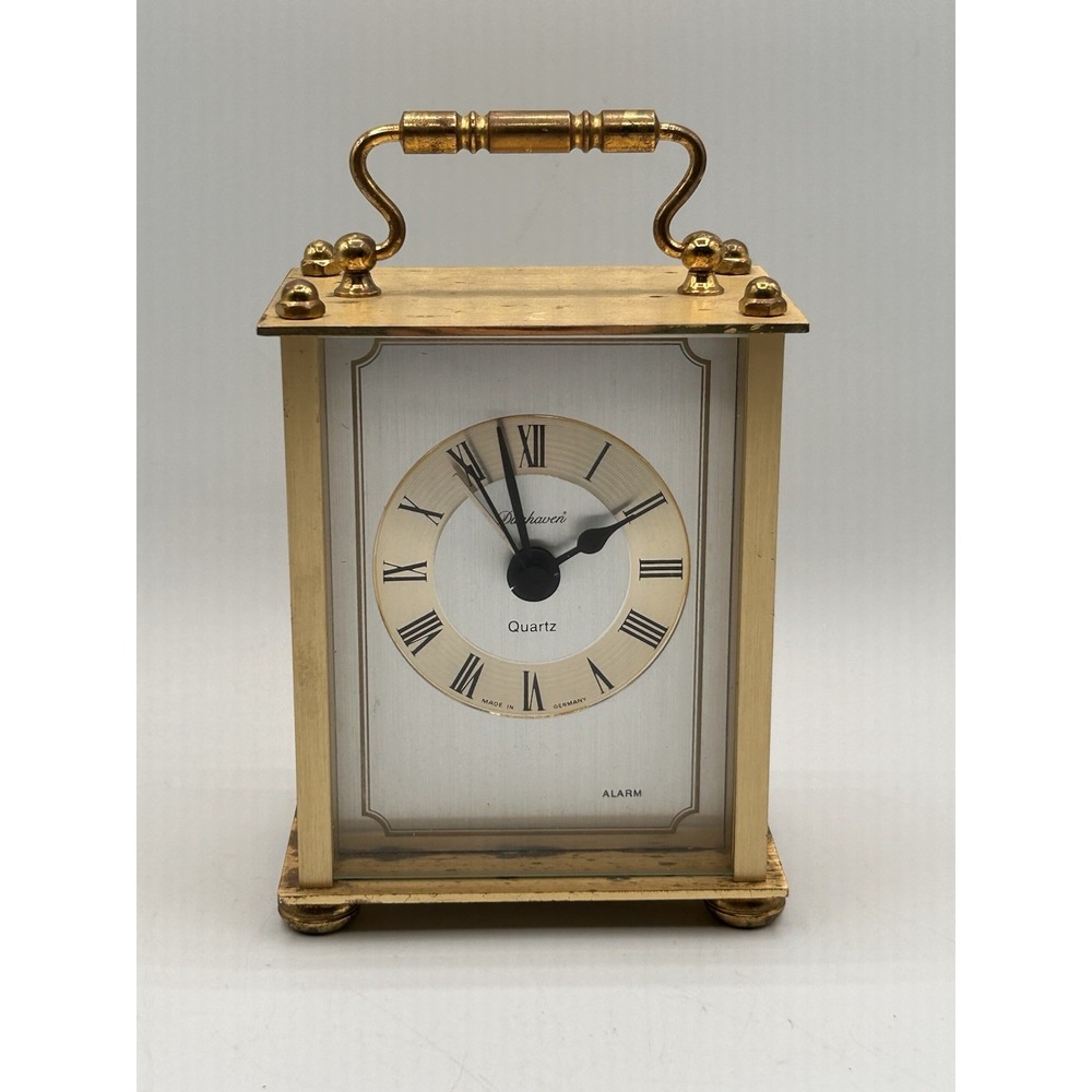 Vintage Dunhaven Quartz Alarm Clock Gemany Size 4"x3.5"x2.5" Gold Tone